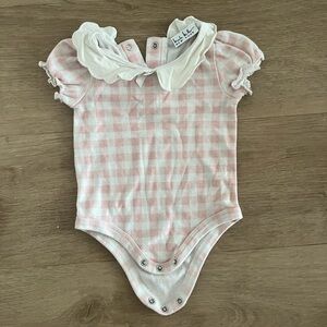 Pink Gingham Collar Baby Bodysuit with Ruffle Sleeves